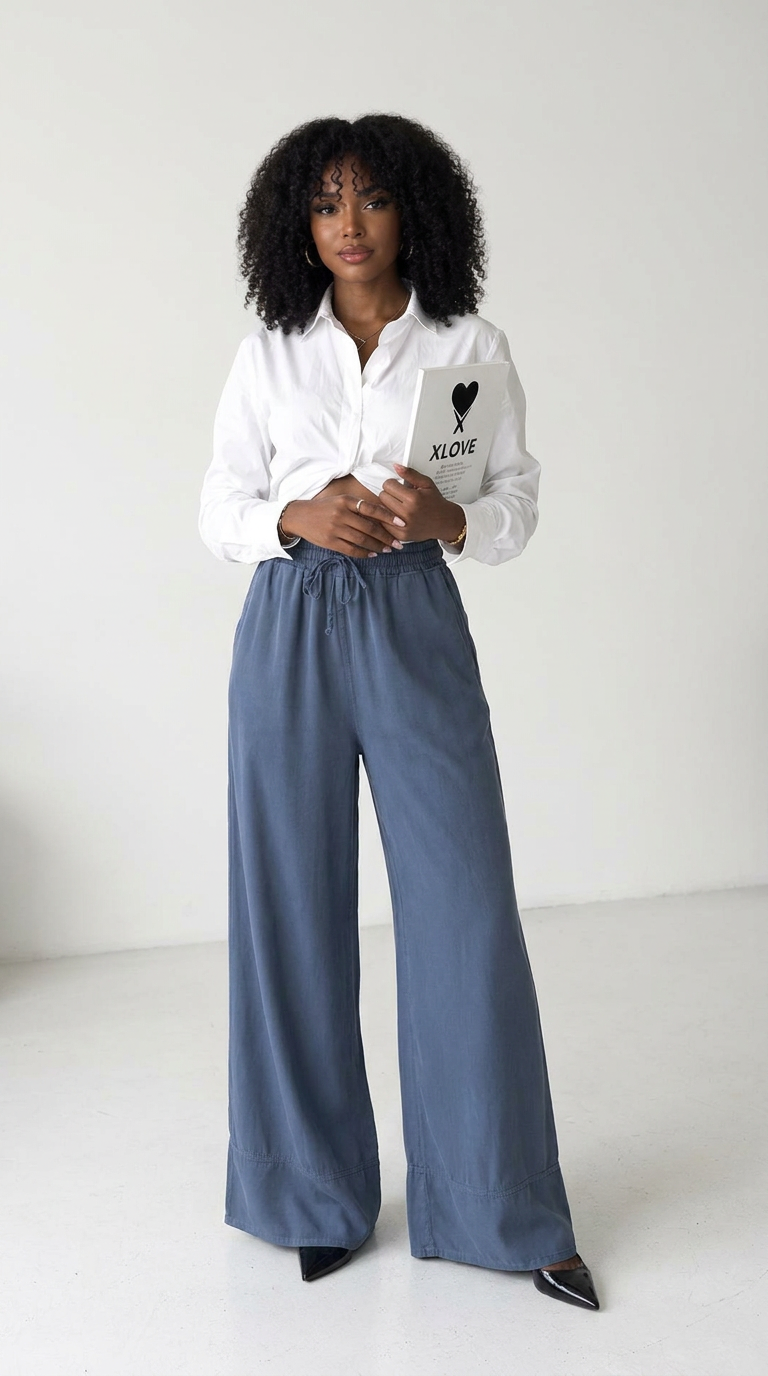 Blue Palazzo Pants With Wide Leg And Drawstring Waist