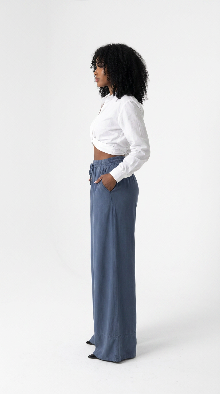 Blue Palazzo Pants With Wide Leg And Drawstring Waist