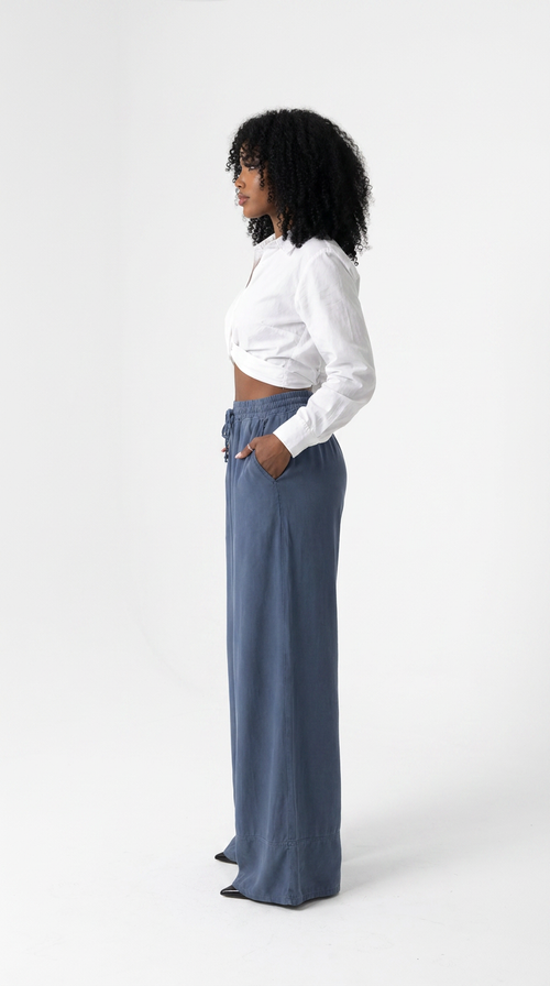 Blue Palazzo Pants With Wide Leg And Drawstring Waist